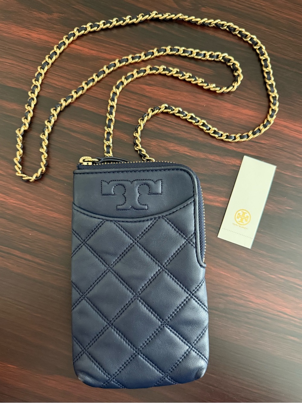 Tory Burch Savannah Phone Crossbody Quilted Leather Zip Top Bag Navy Blue VGUC
